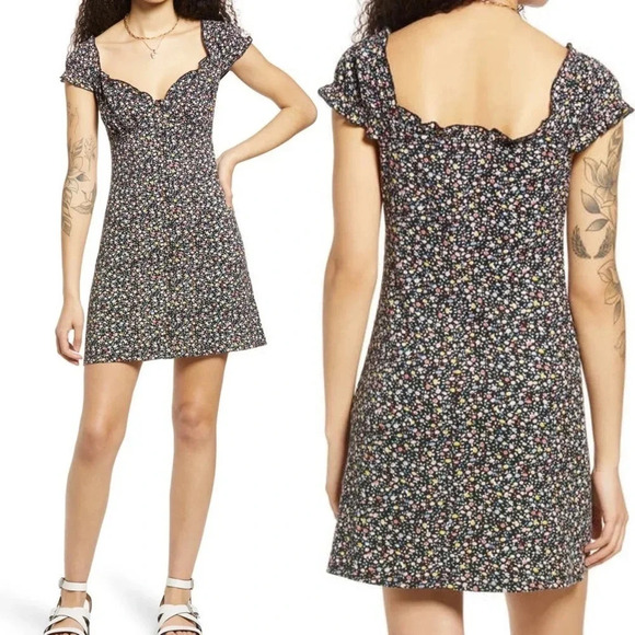 Y2K Floral Mini Dress Milkmaid Sweetheart Neckline Ruffle Cap Sleeve Cottagecore - Picture 1 of 6